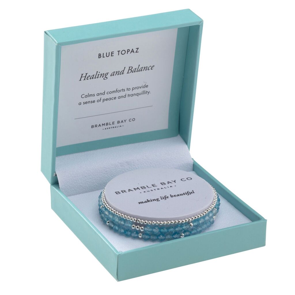 BB TRIO BRACELET SET - BLUE TOPAZ (4MM) &amp; SILVER PLATED BEAD (3MM) HEALING &amp; BALANCE 